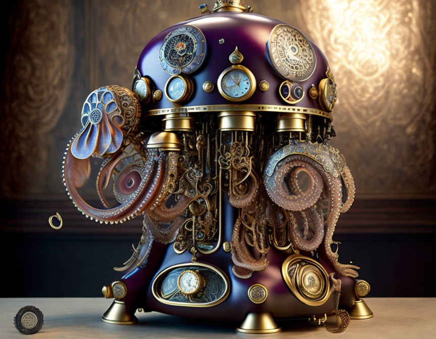 Steampunk octopus machine with gears, clocks, and tentacles on vintage background