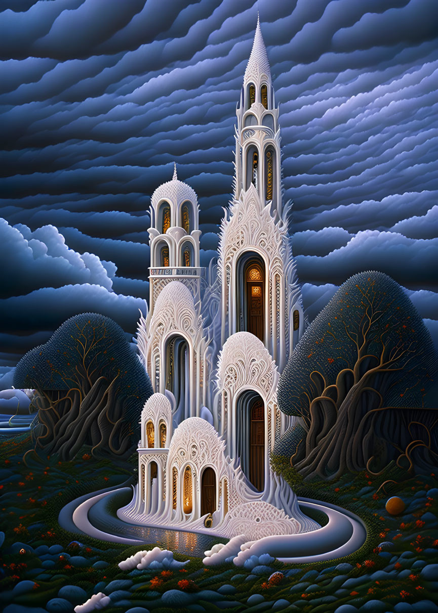 Fantastical castle with arches and spires amidst stylized trees under dark sky
