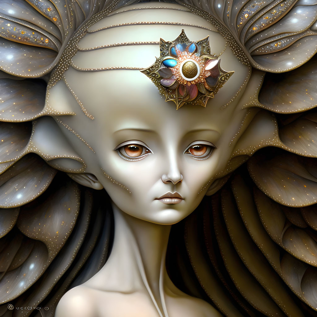Ethereal being with pale skin and ornate headpiece in golden-edged brown folds