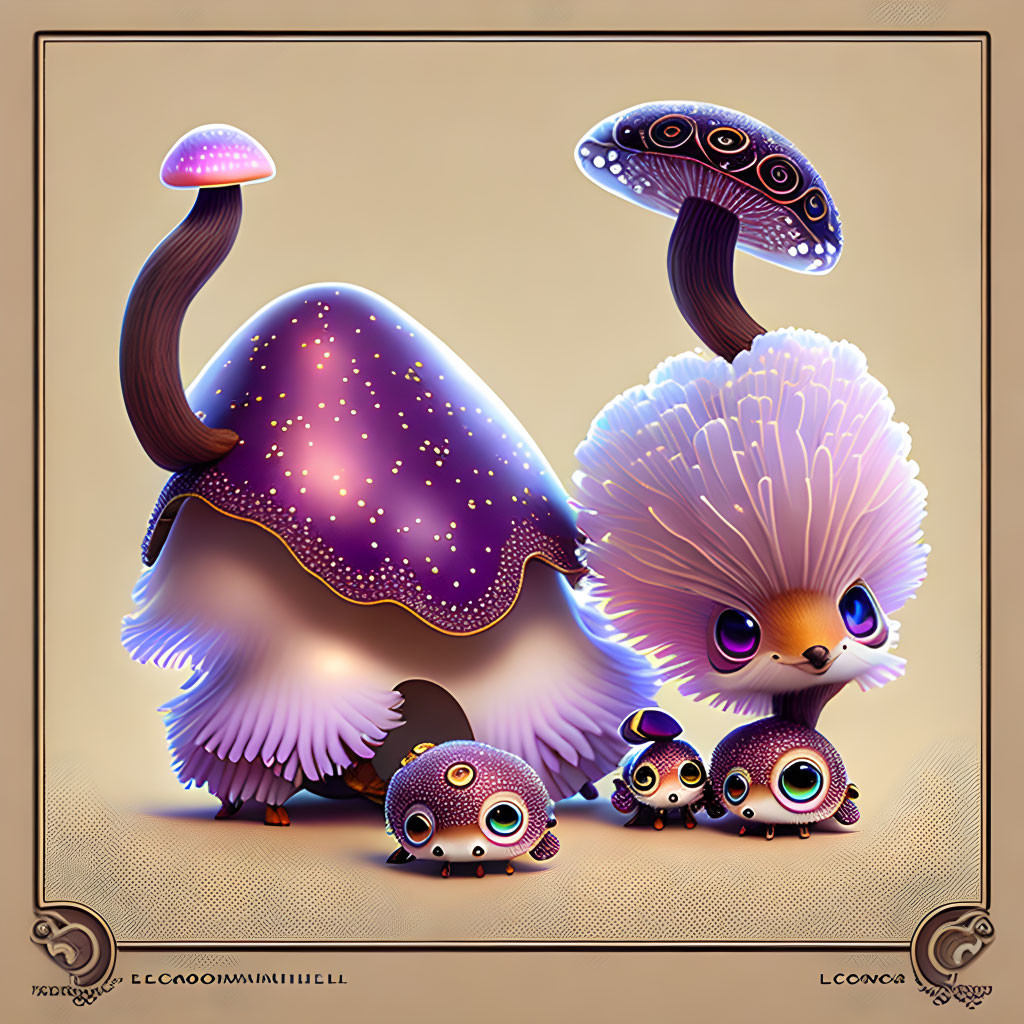 Colorful whimsical creatures: mushroom-fur animal fusion!