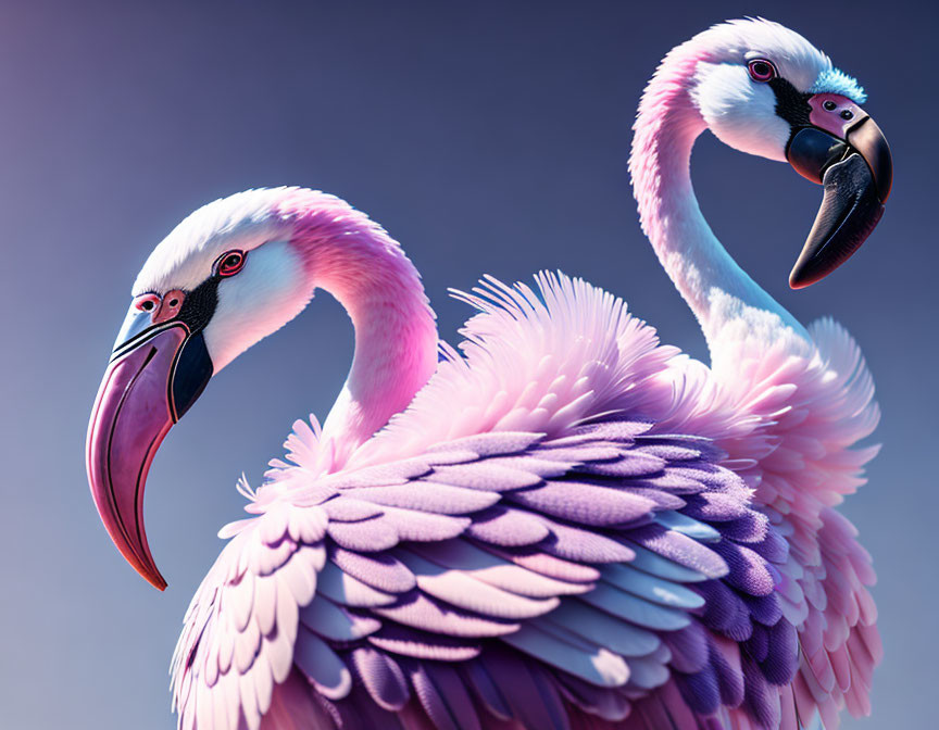 Stylized flamingos with vibrant pink and purple feathers in detailed close-up.