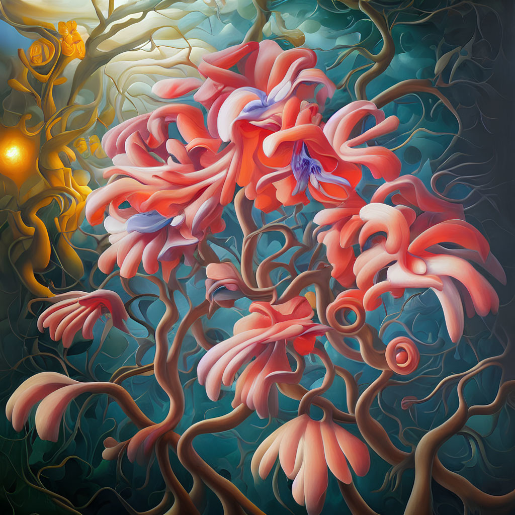 Vibrant surreal painting: twisting floral forms in pink and blue against dark branches