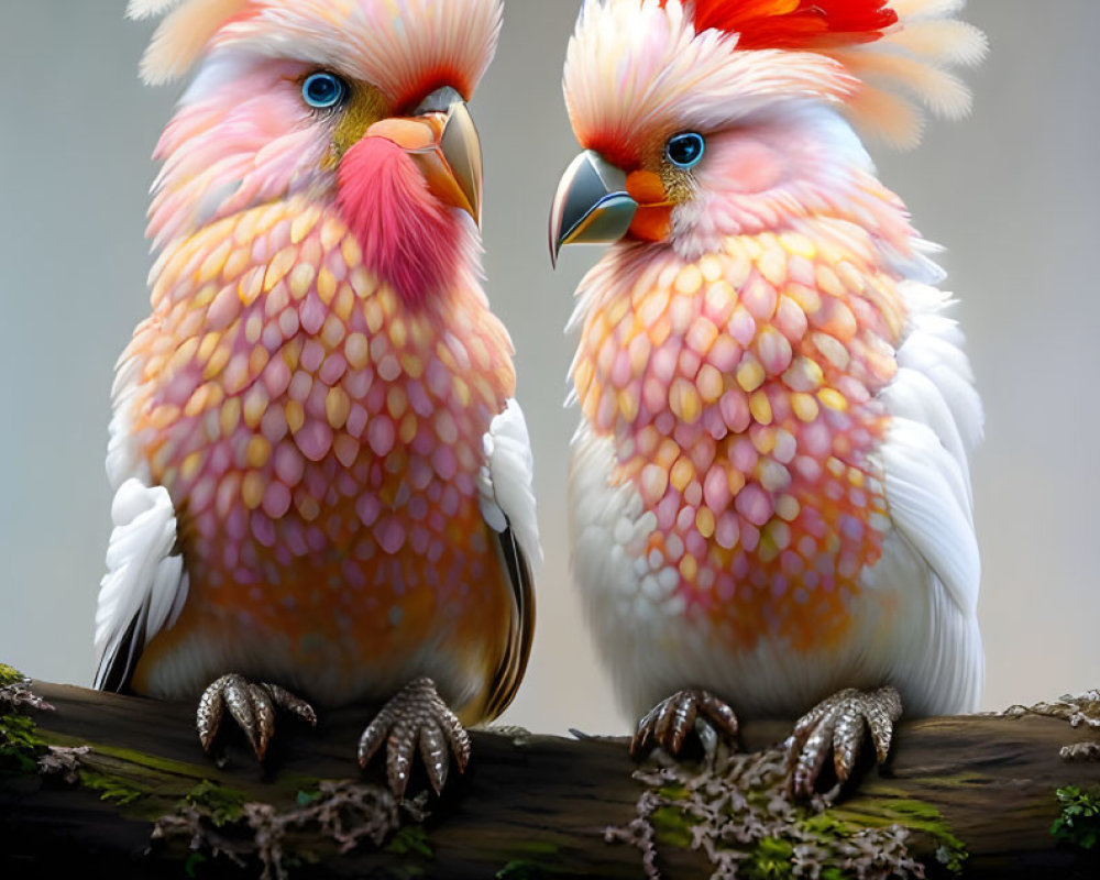 Colorful Cockatoos with Peachy Feathers and Orange Crests Perched on Branch