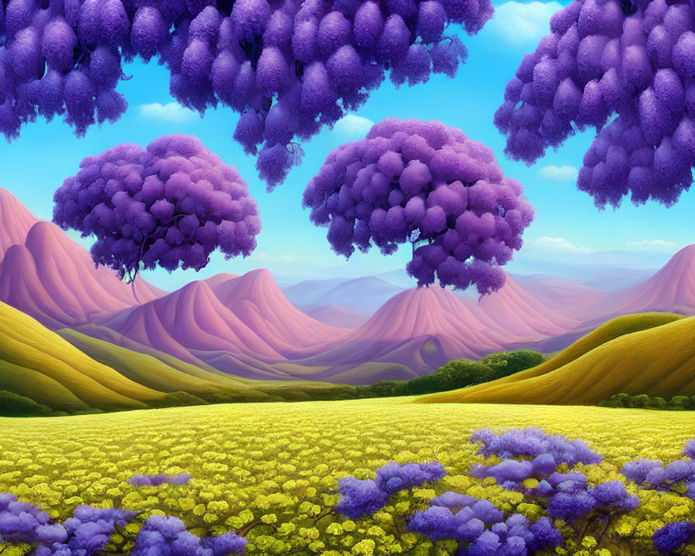 Lavender-hued trees float over green hills and purple mountains in whimsical landscape