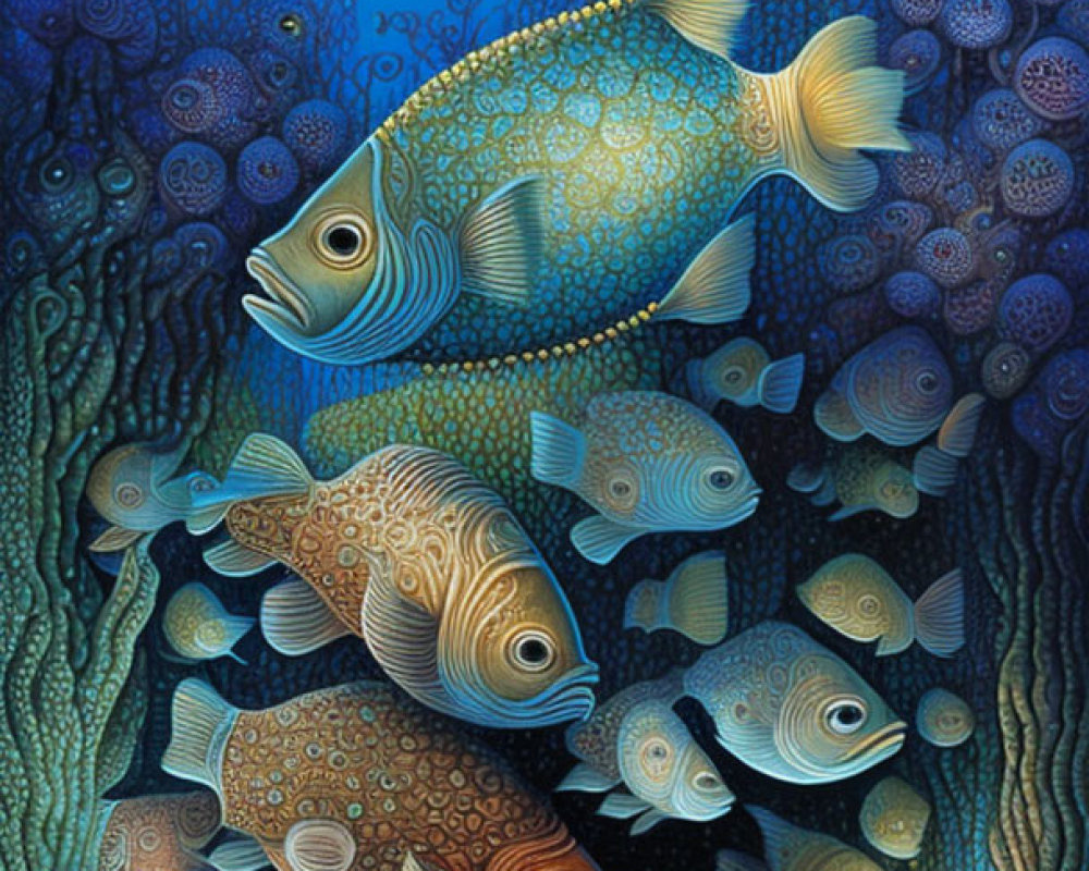 Aquatic scene with patterned fish and coral-like structures in blue-green hues