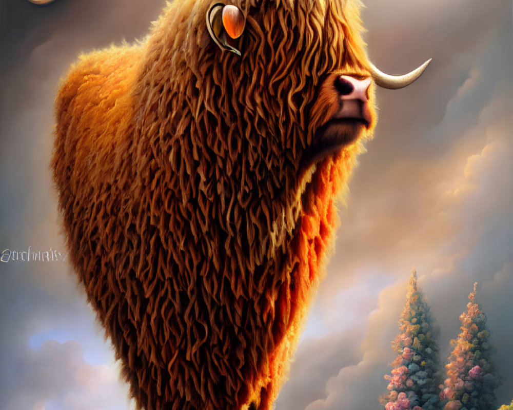 Highland Cow with Long Horns and Shaggy Fur in Pastoral Landscape