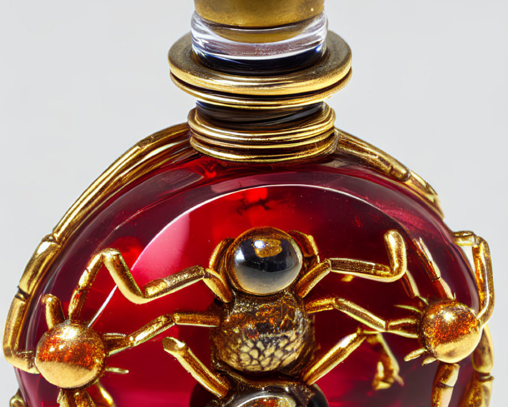 Golden Spider Embellished Red Glass Perfume Bottle with Cap