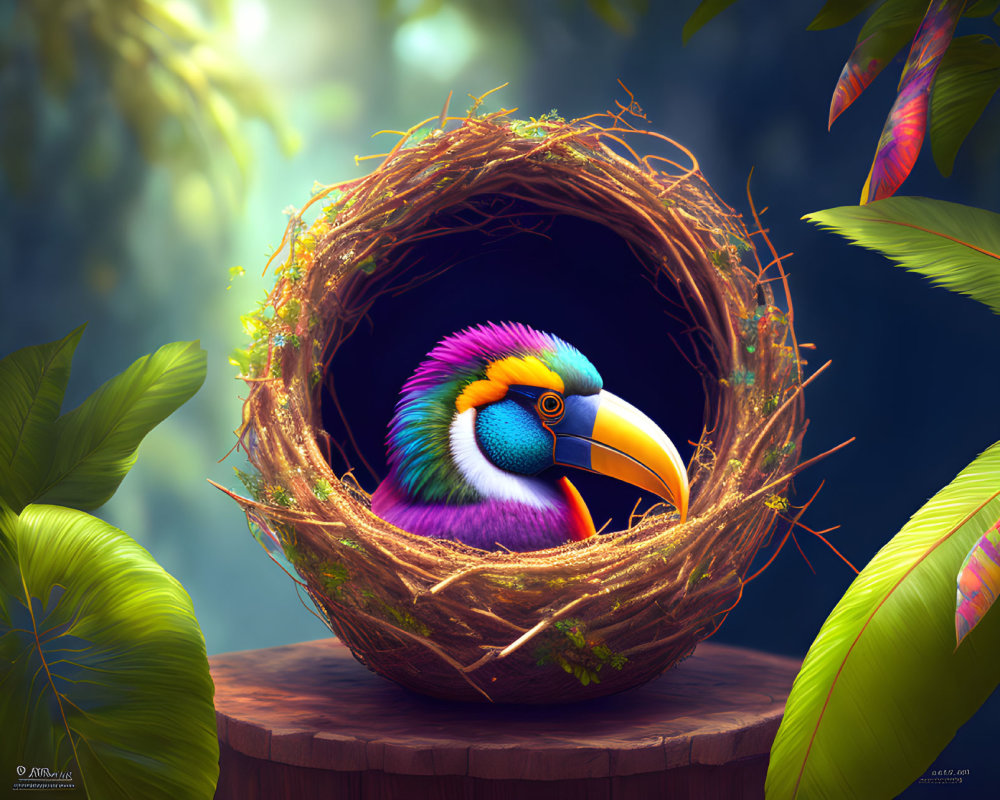 Colorful Toucan in Woven Nest Surrounded by Green Foliage