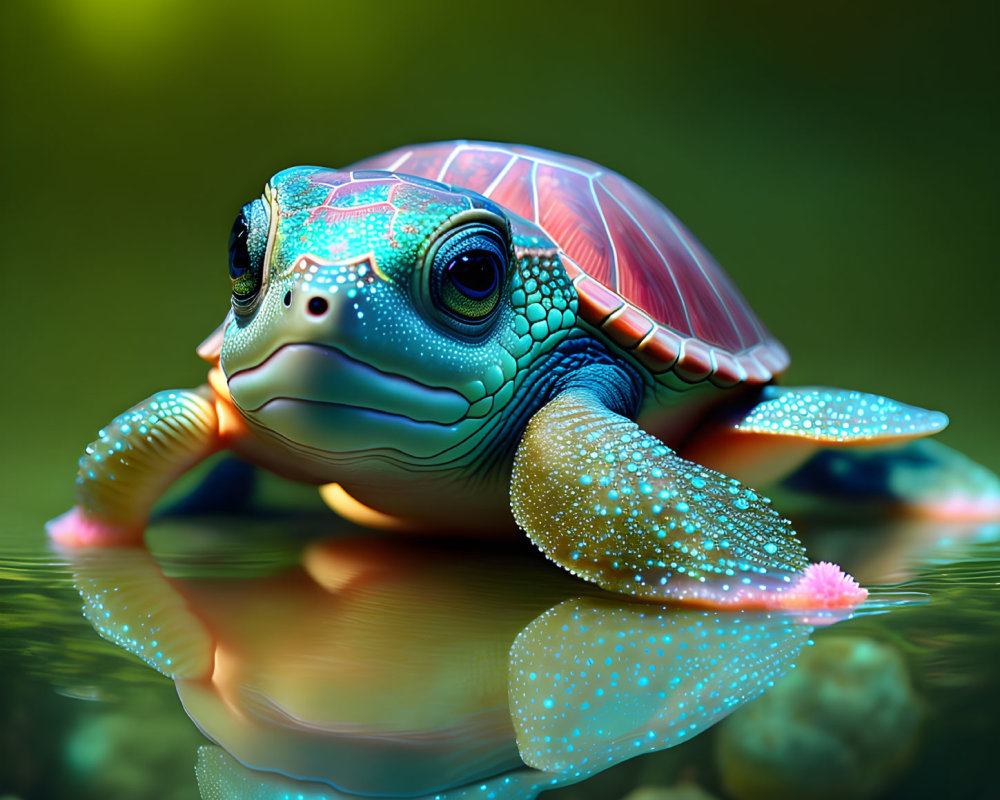 Colorful Turtle Illustration with Intricate Patterns Reflected in Water