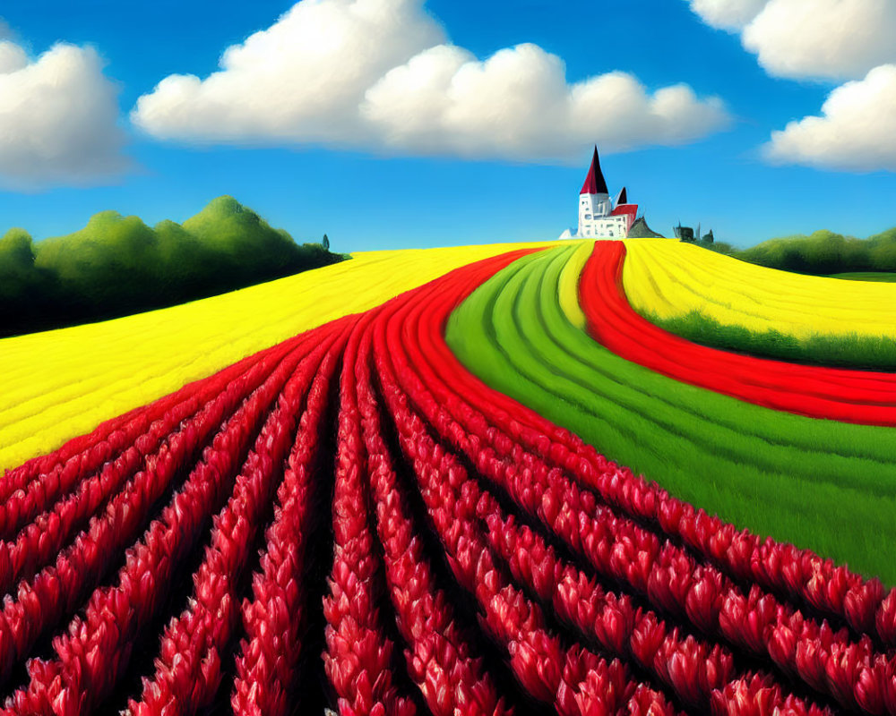 Colorful Tulip Field Leading to White Castle Against Blue Sky