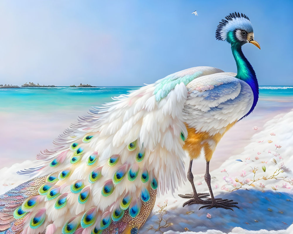 Colorful peacock on beach with turquoise sea and islands