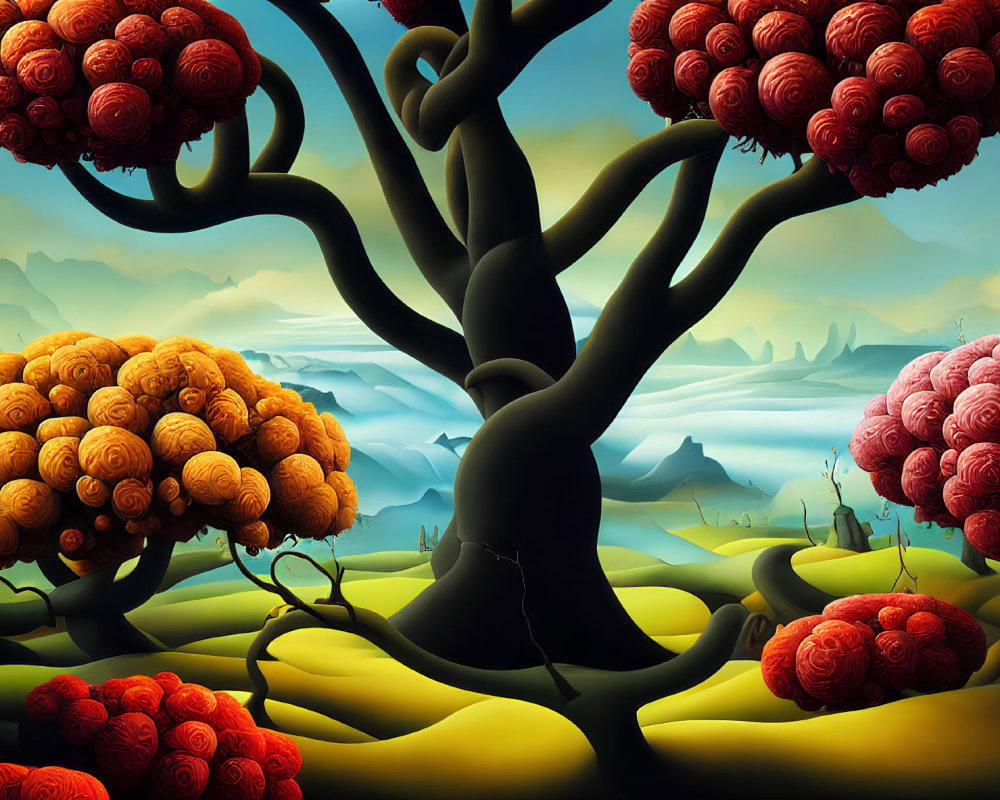 Spherical red and orange foliage tree in stylized landscape
