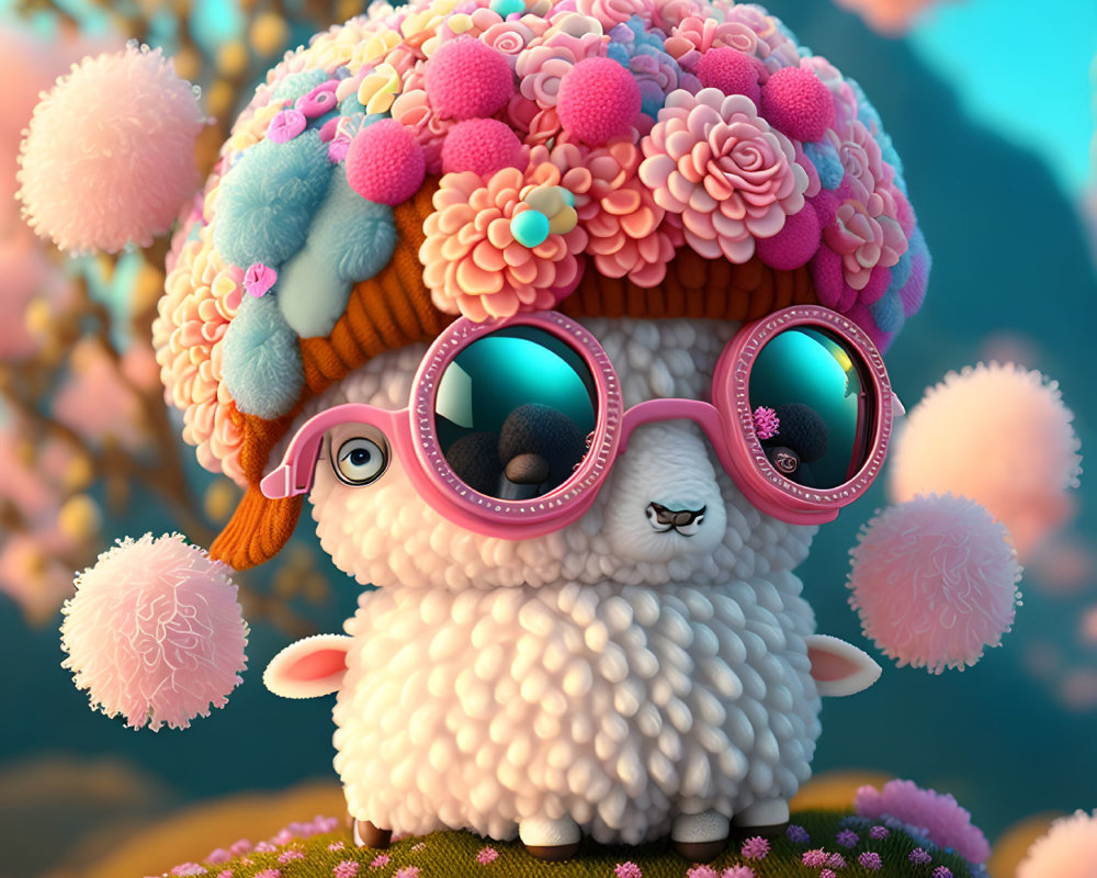 Colorful 3D sheep illustration with hat and sunglasses in a whimsical setting