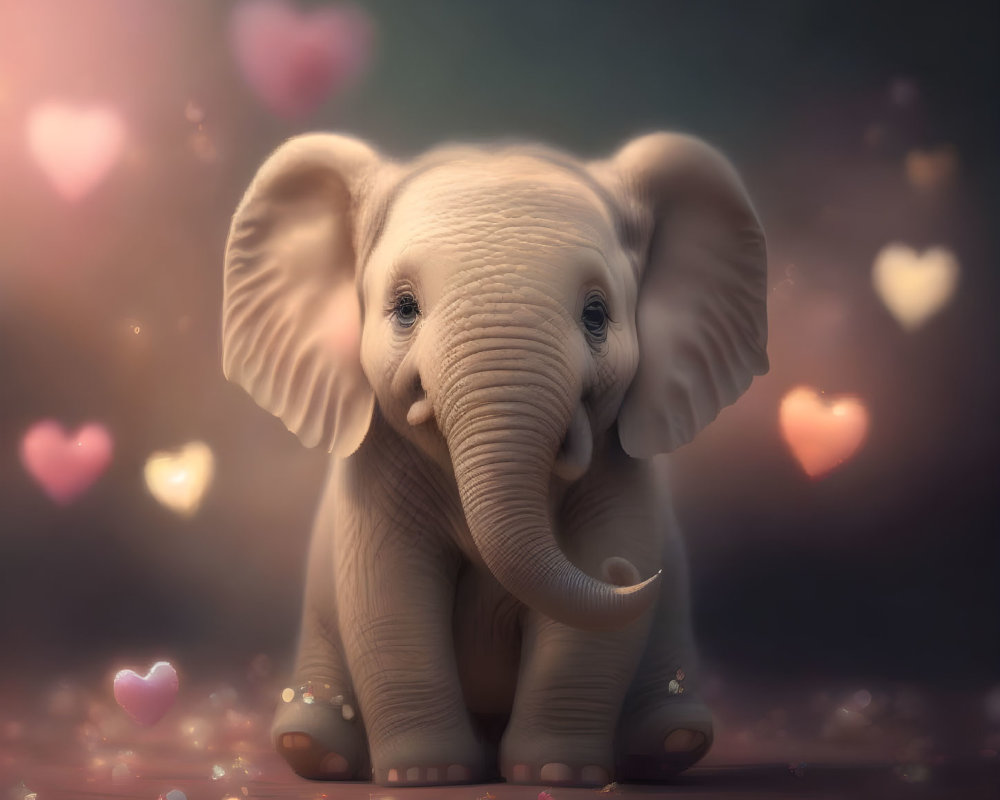 Adorable baby elephant with hearts in dreamy setting