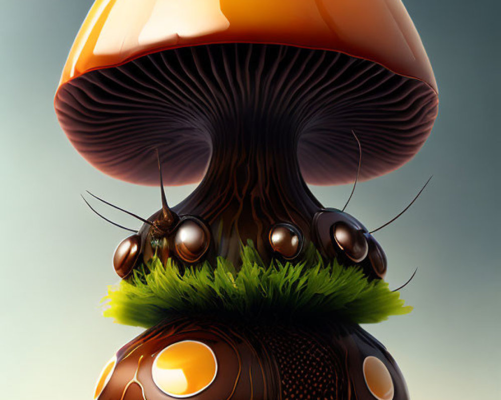 Illustration of ants carrying oversized mushroom with ornate patterns, warm backdrop, bee flying above