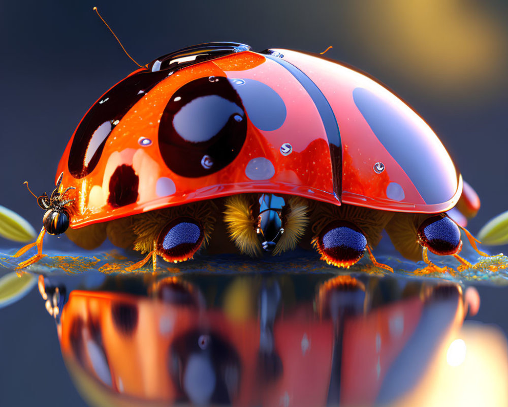 Vivid red ladybug with water droplets on shiny surface
