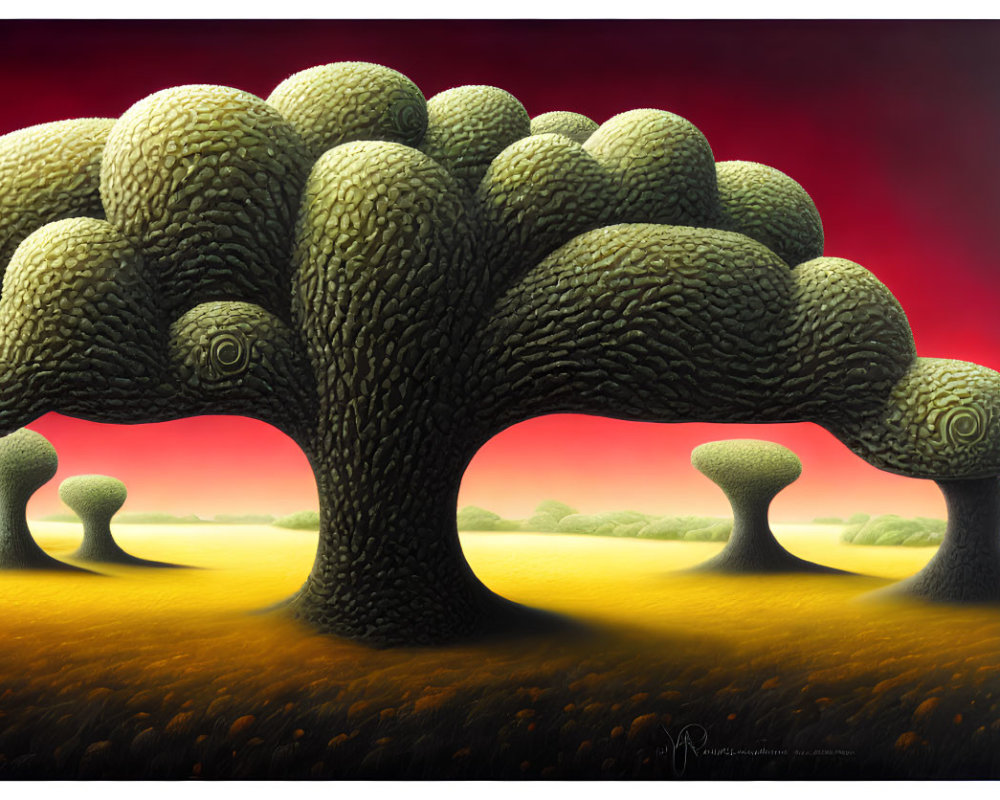 Stylized trees in surreal landscape under red sky