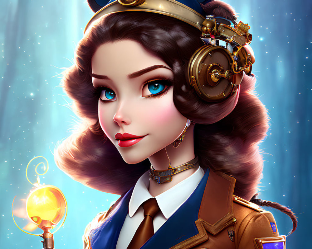 Stylized female character with blue eyes in steampunk outfit