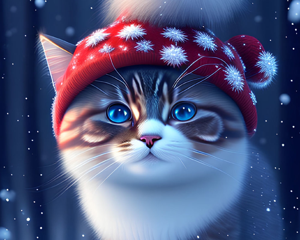 Fluffy cat with blue eyes in red winter hat surrounded by snow and pine tree