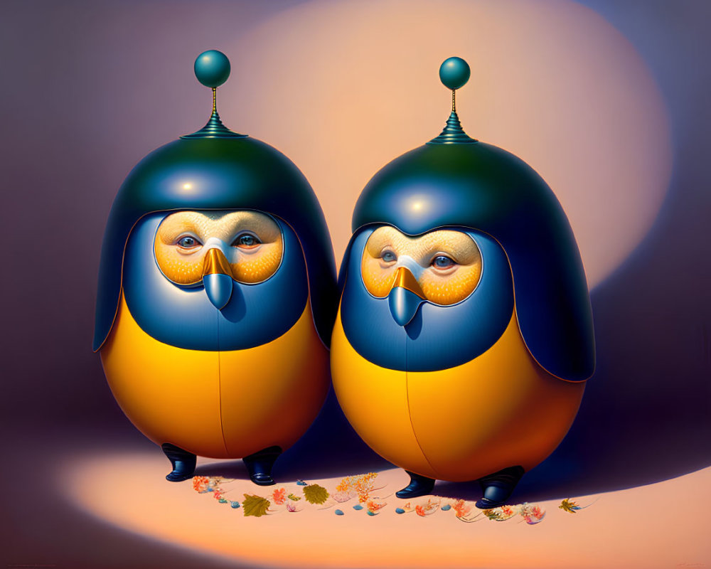 Whimsical egg-shaped characters with human-like faces on warm glowing surface