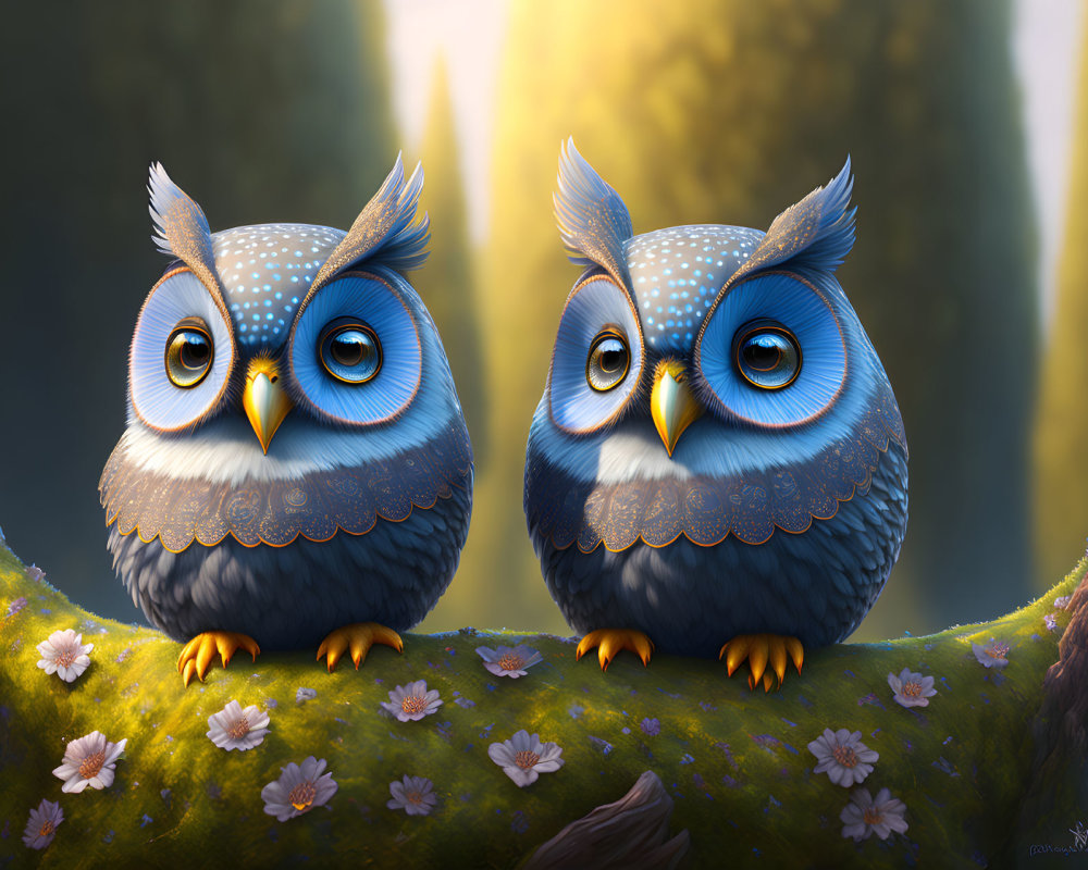 Stylized cartoon owls on branch with blue feathers in forest scenery