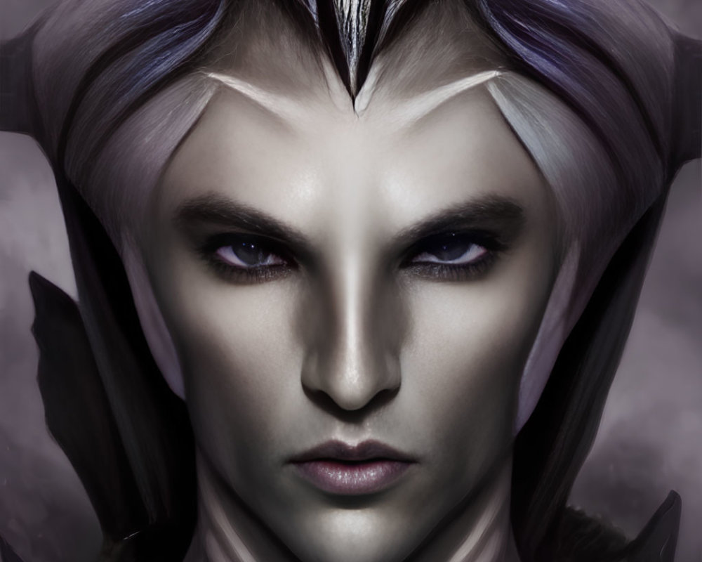 Fantasy character with pale skin, purple eyes, silver hair, metallic crown, and leather armor