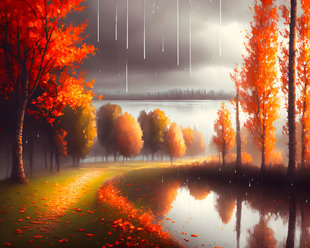 Tranquil autumn landscape with orange trees, lake, rain, and mist