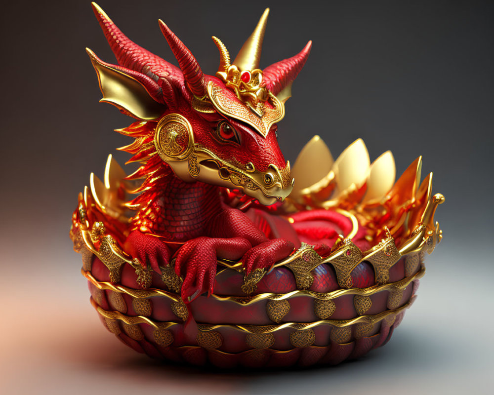 Red and Gold Ornamental Dragon Coiled in Decorative Bowl