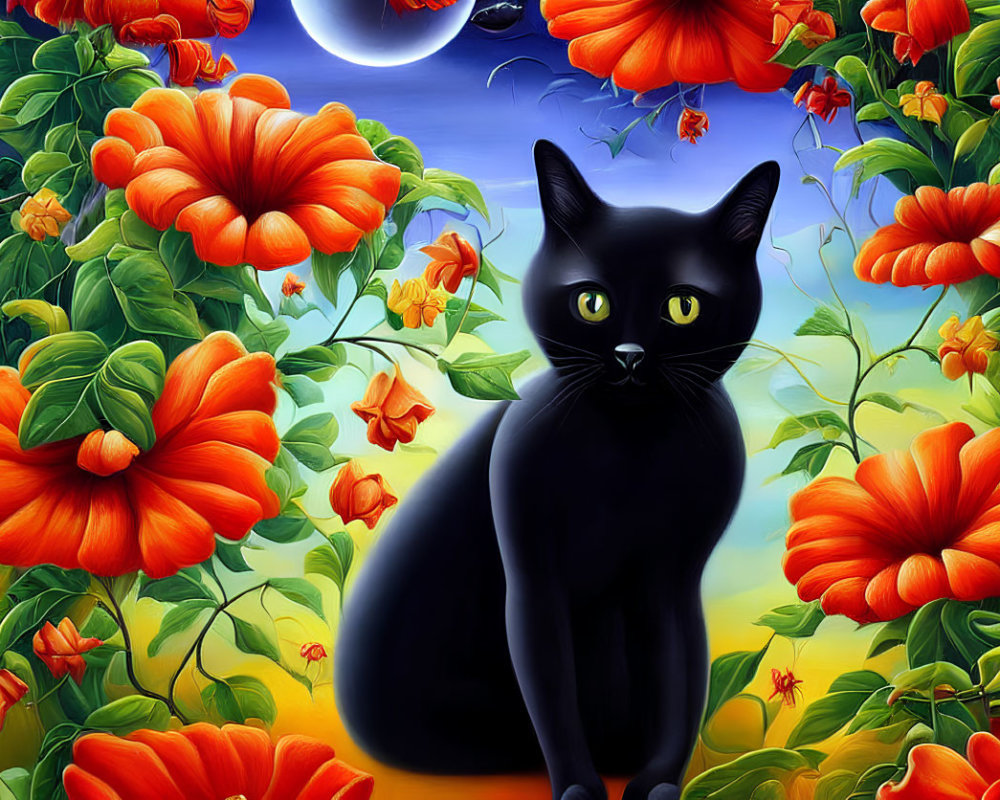Detailed artwork of black cat with yellow eyes in vibrant floral setting under dual sun and moon