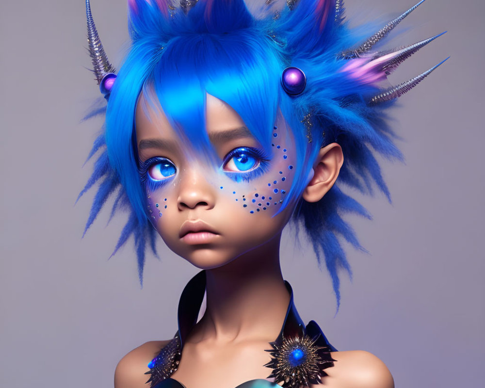 Child with Blue Spiky Hair and Horns in Fantasy Makeup on Grey Background