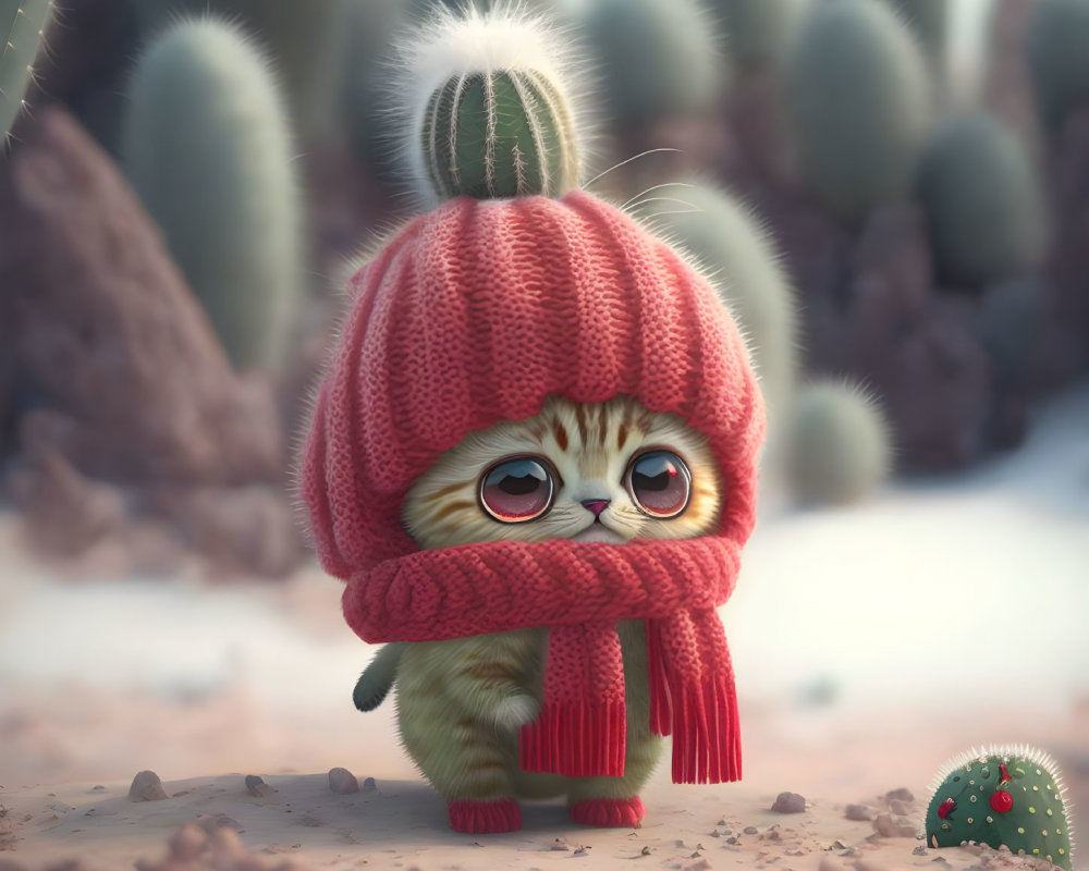 Fluffy kitten in red beanie and scarf among desert cacti