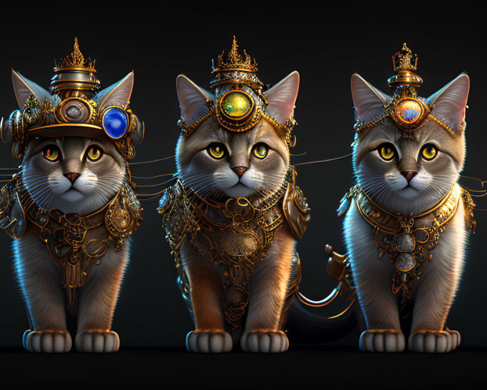 Five stylized steampunk cats with goggles and golden accents on a dark background