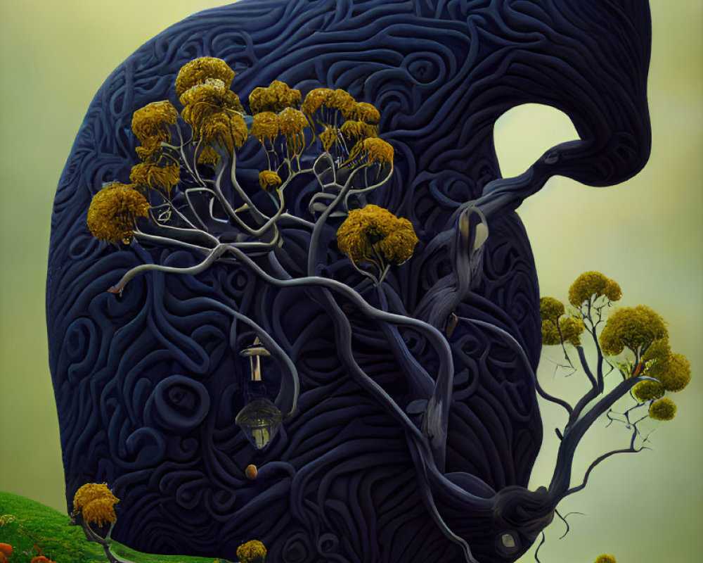 Surreal painting of blue elephant structure with trees and flowers