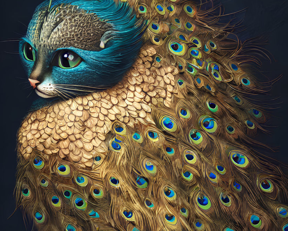 Hybrid creature: cat-headed with peacock body, vibrant blue eyes.