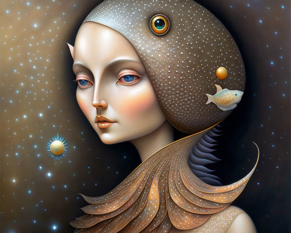 Surreal female portrait with cosmic-themed elements