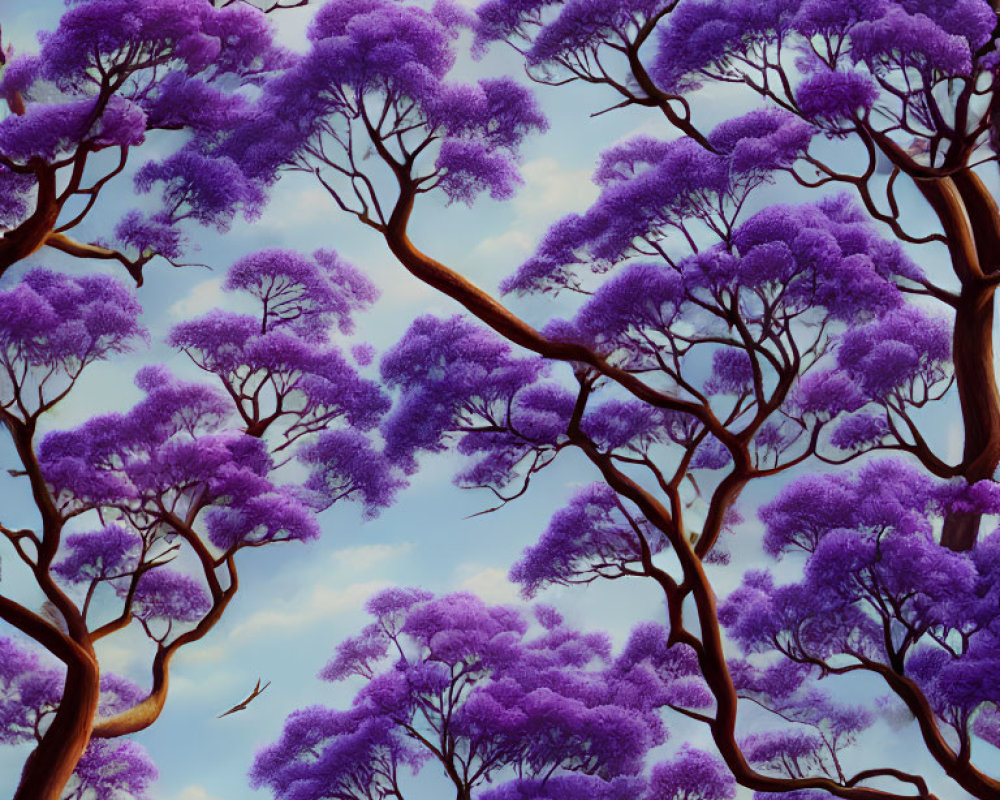 Vibrant purple foliage in a twilight forest with twisted tree trunks