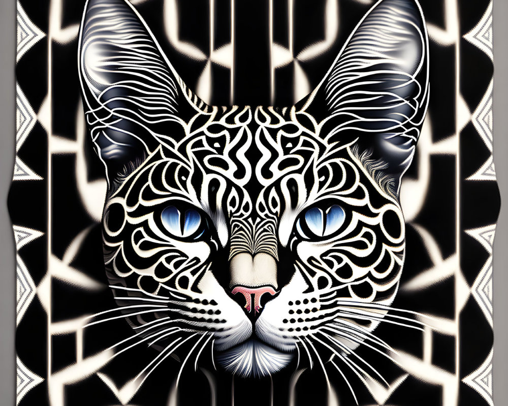 Stylized cat illustration with intricate patterns and blue eyes