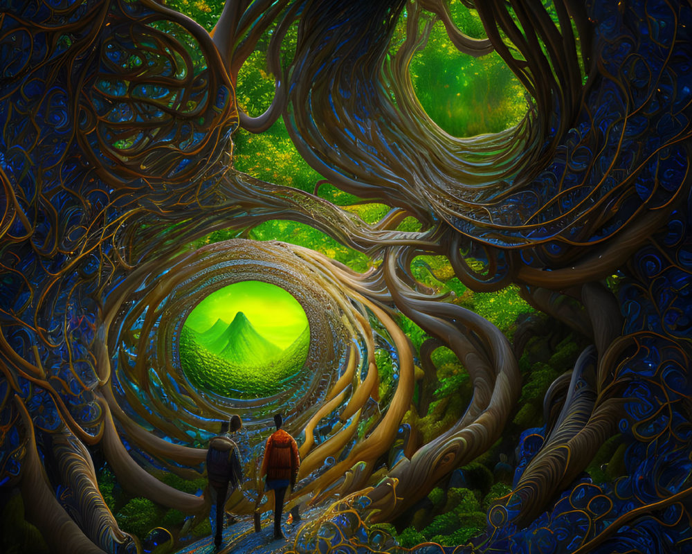 Surreal spiraling landscape with intricate patterns and glowing environment