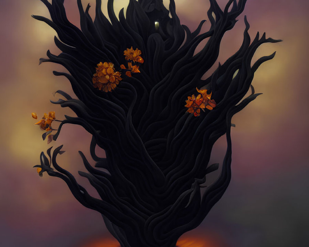 Mystical black tree with fiery orange flowers on dusky background