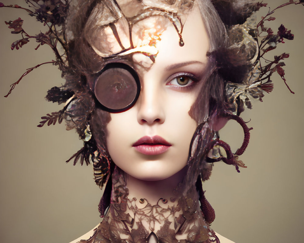 Surreal portrait of woman with ornate headpiece and monocular attachment.