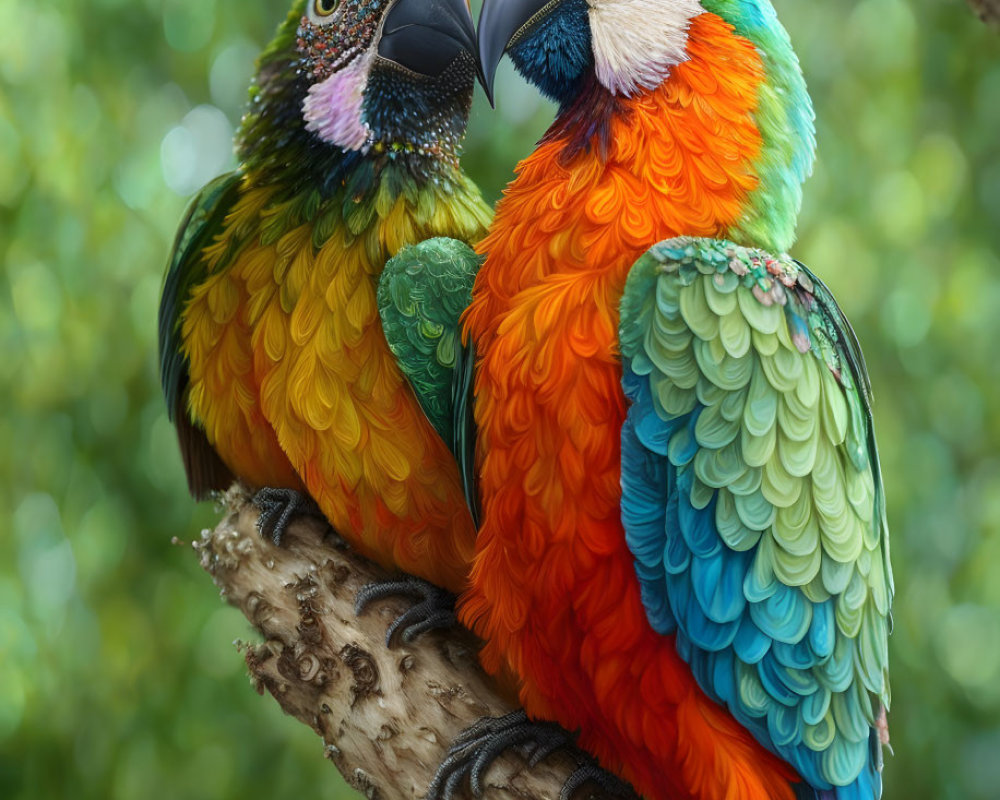 Colorful Parrots Perched on Branch in Lush Green Setting