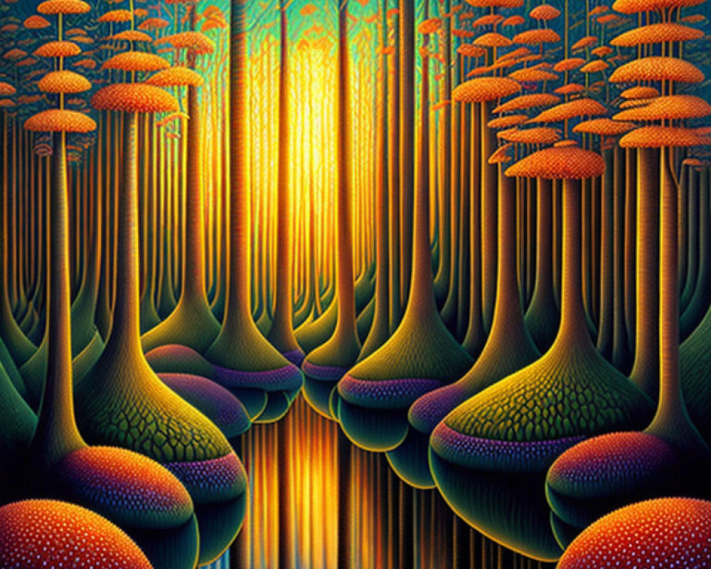 Colorful Psychedelic Forest with Oversized Mushrooms by Reflective Water