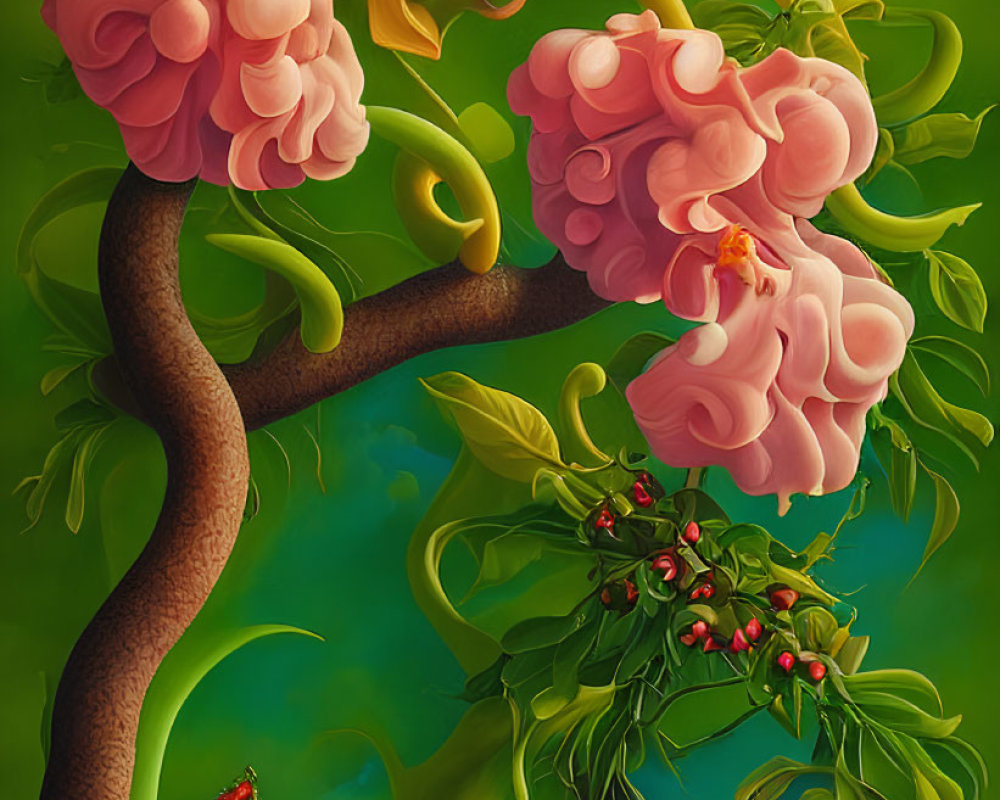 Whimsical tree digital painting with pink blossoms and twisted branches