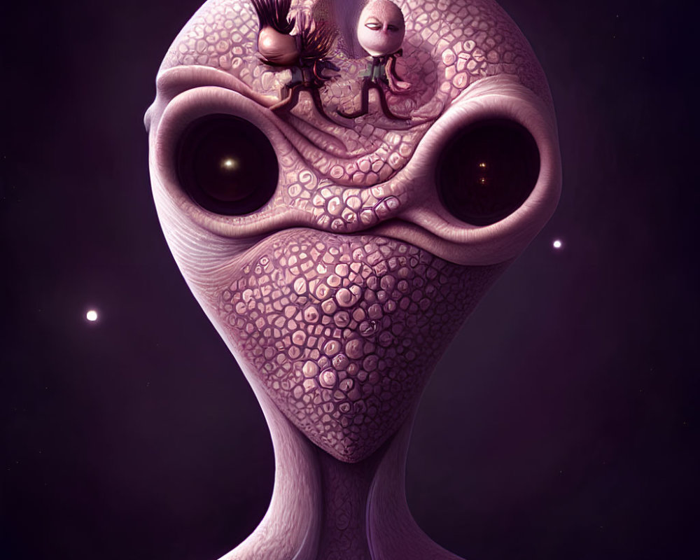 Whimsical creature with large eyes in cosmic setting
