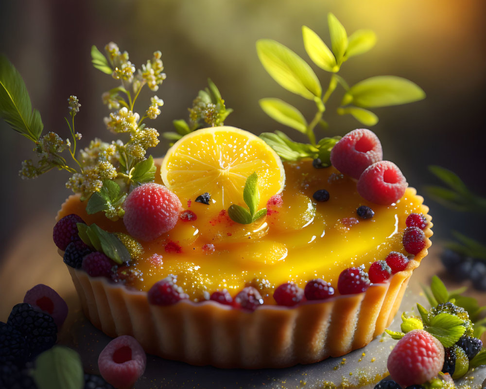 Colorful Lemon Tart with Fresh Berries and Mint Sprig in Soft-focus Sunlit Background