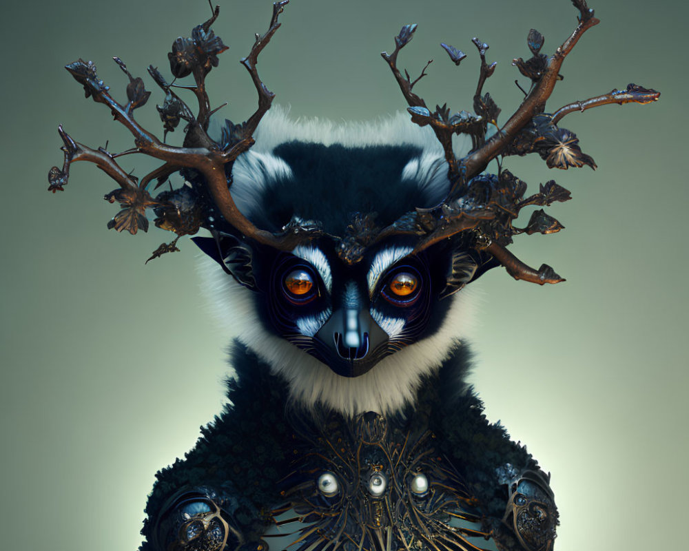 Surreal illustration: Creature with lemur face, orange eyes, and antlers with tiny trees