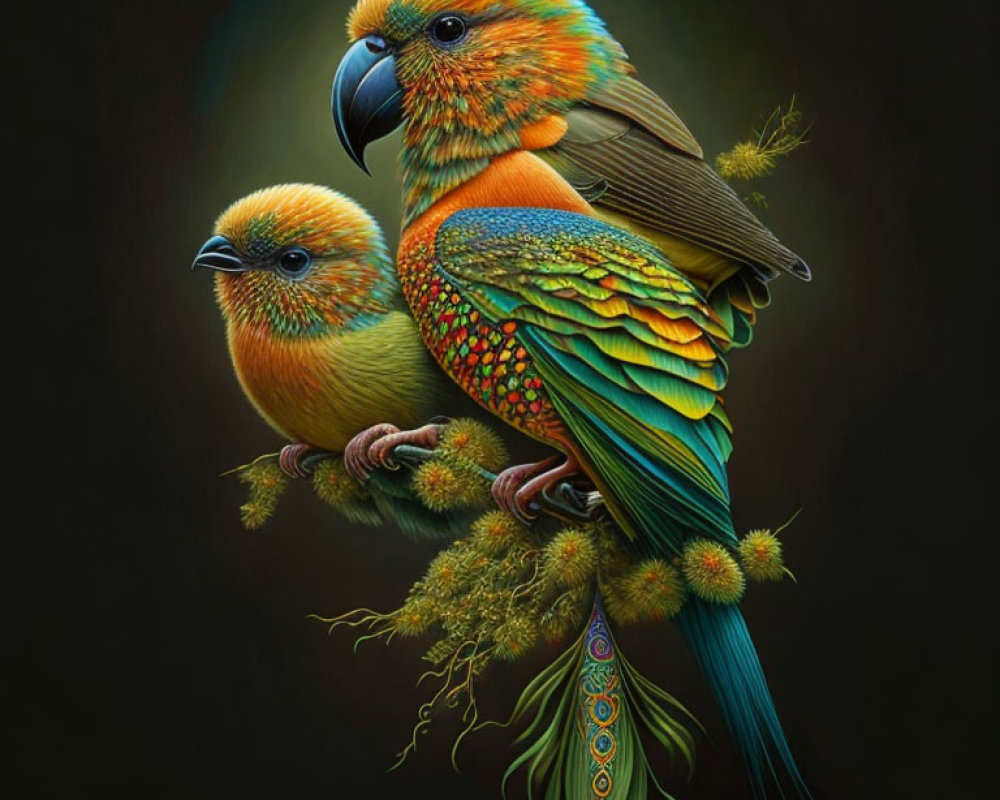 Colorful Parrots with Detailed Feathers Perched on Branch