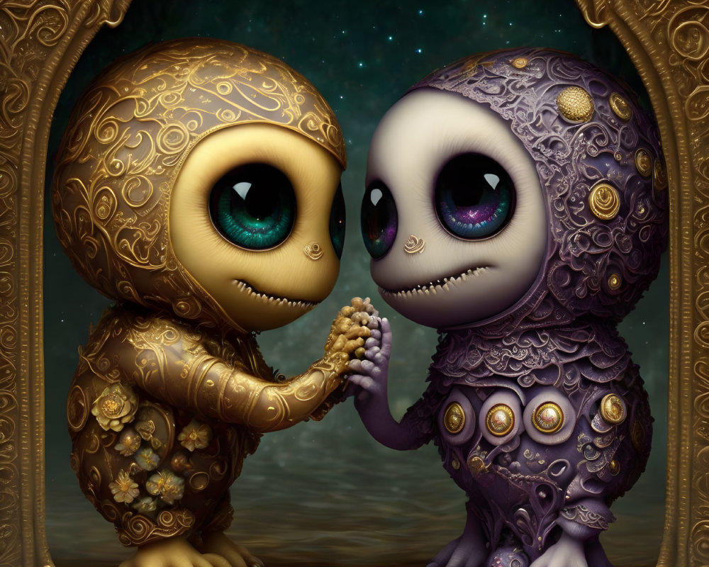 Ornate whimsical creatures holding hands in golden oval frame
