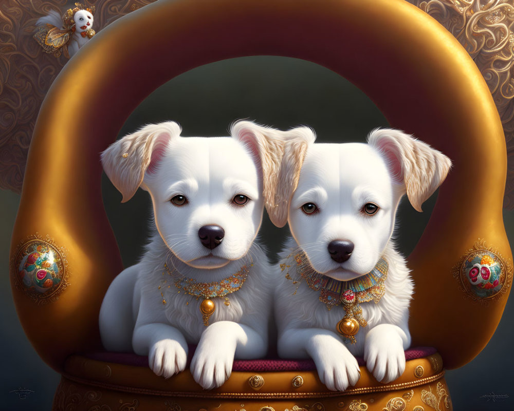 Regal White Puppies in Gold Collars and Luxurious Frame