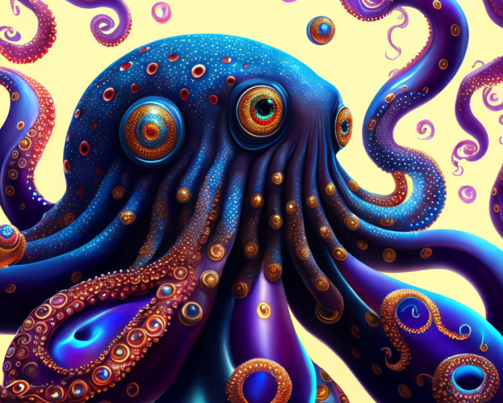 Colorful digital artwork: Blue octopus with swirling tentacles on golden backdrop